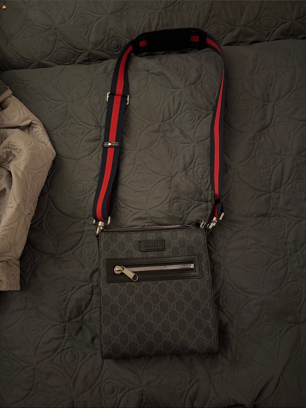 Gucci Black GG Messenger Bag with Red and Blue Web Strap